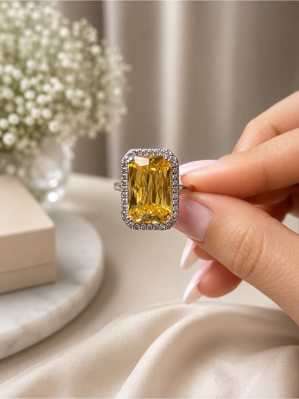 ✨ Rhodium-Plated 925 Sterling Silver Citrine Halo Cocktail Ring ✨